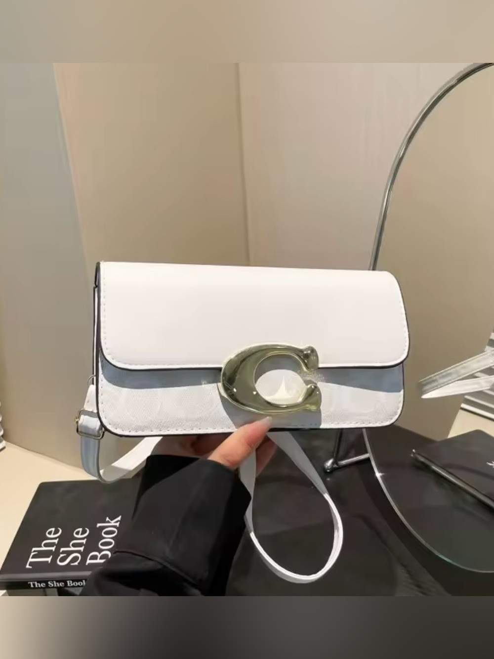 New designer inspired White Shoulder Bag with Gold 'C' Accent